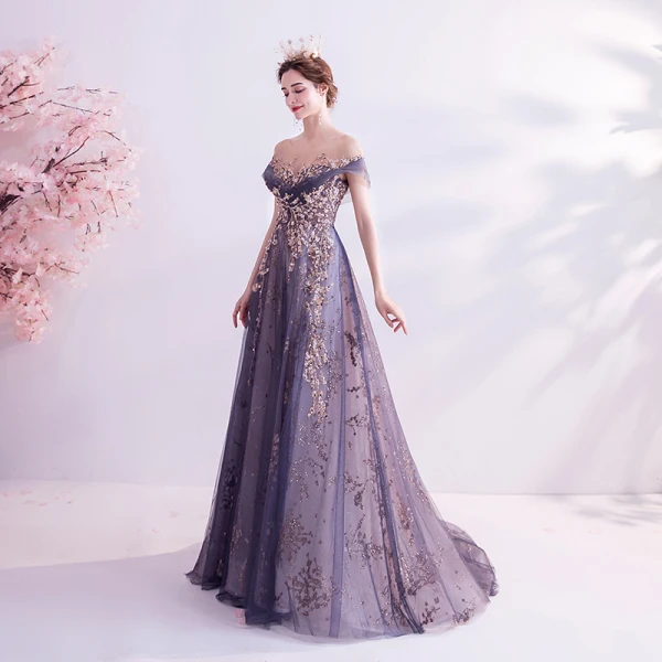 Elegant Purple Glitter Prom Dresses 2020 A-Line / Princess Scoop Neck Beading Rhinestone Sequins Lace Flower Short Sleeve Backless Sweep Train