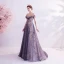 Elegant Purple Glitter Prom Dresses 2020 A-Line / Princess Scoop Neck Beading Rhinestone Sequins Lace Flower Short Sleeve Backless Sweep Train