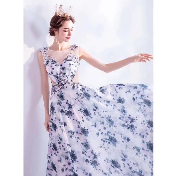 Charmant Océan Bleu Ivoire Florale Robe De Soirée 2020 Princesse Encolure Dégagée Paillettes Appliques Impression Sans Manches Dos Nu Longue Robe De Ceremonie
