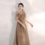 Elegant Brown Evening Dresses  2020 A-Line / Princess Scoop Neck Rhinestone Sequins Short Sleeve Backless Floor-Length / Long Formal Dresses