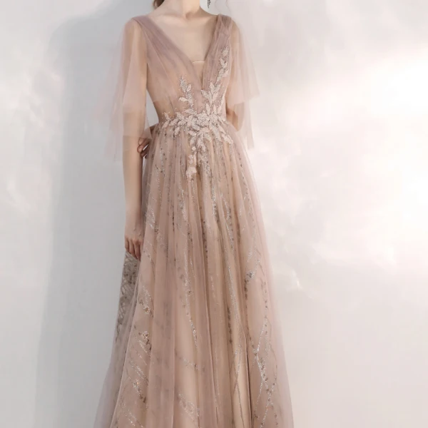 Chic / Beautiful Champagne Evening Dresses  2020 A-Line / Princess V-Neck Glitter Beading Lace Flower Rhinestone Sequins 1/2 Sleeves Backless Floor-Length / Long Formal Dresses