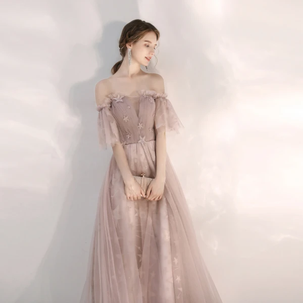 Classy Nude Prom Dresses 2020 A-Line / Princess Ruffle Off-The-Shoulder Star Lace Short Sleeve Backless Floor-Length / Long Formal Dresses