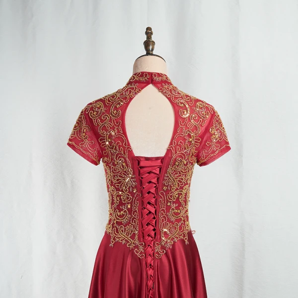 Vintage / Originale Style Chinois Doré En Dentelle Bordeaux Robe De Soirée 2020 Princesse Col Haut Perlage Paillettes Manches Courtes Dos Nu Longue Robe De Ceremonie