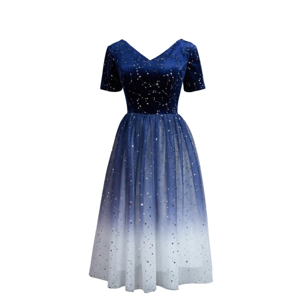 Fashion Navy Blue Homecoming Graduation Dresses 2020 A-Line / Princess V-Neck Star Sequins Short Sleeve Backless Knee-Length Formal Dresses