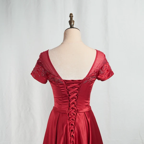 Elegant Burgundy Prom Dresses 2020 A-Line / Princess Scoop Neck Beading Crystal Short Sleeve Backless Floor-Length / Long Formal Dresses