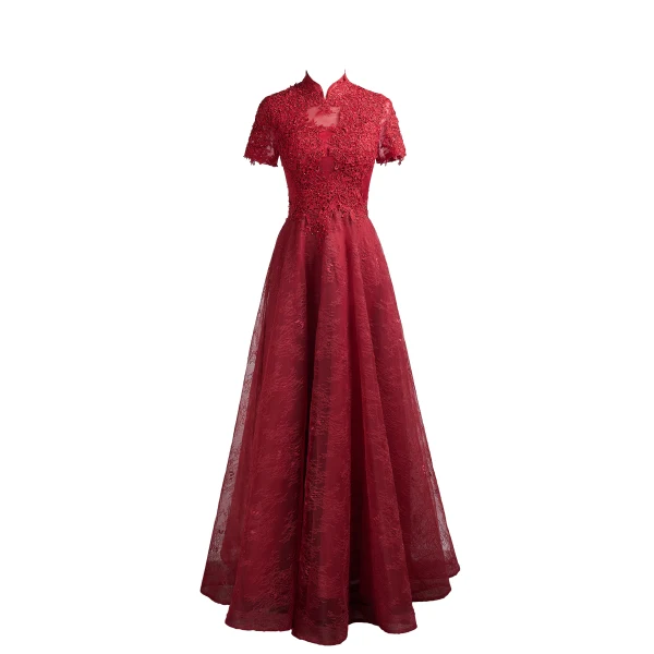Kinesisk Stil Burgundy Aftonklänningar 2020 Prinsessa Hög Hals Beading Rhinestone Spets Blomma Korta ärm Halterneck Långa Formella Klänningar