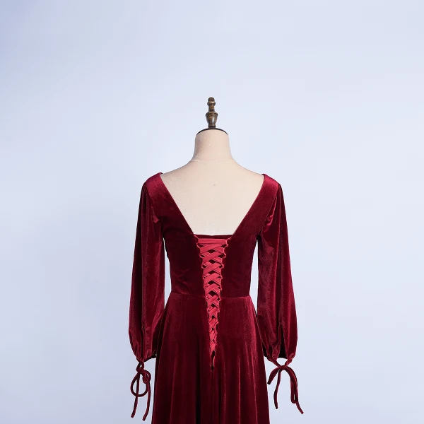 Elegant Burgundy Prom Dresses 2020 A-Line / Princess Suede V-Neck Long Sleeve Backless Floor-Length / Long Formal Dresses