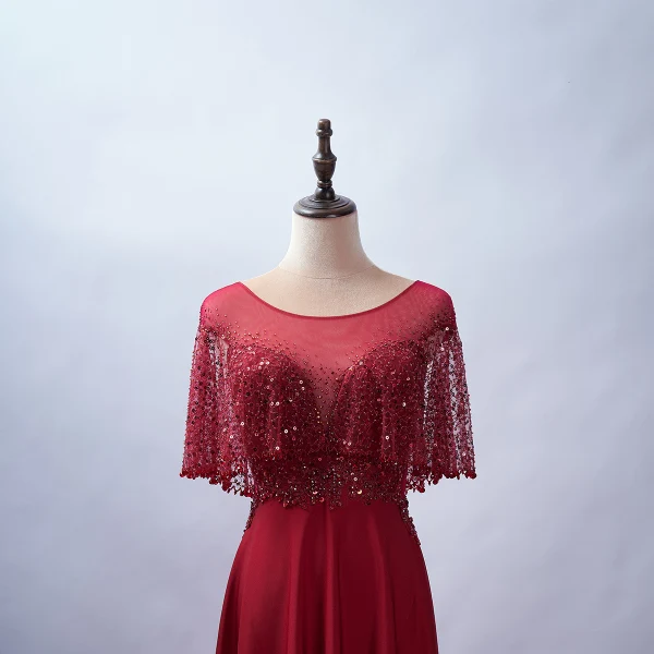 Élégant Bordeaux Robe De Soirée 2020 Princesse Encolure Dégagée Perlage Faux Diamant Paillettes En Dentelle Fleur Manches Courtes Dos Nu Train De Balayage Robe De Ceremonie