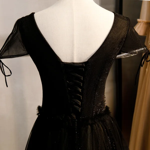 Elegante Schwarz Ballkleider 2020 A Linie V-Ausschnitt Perlenstickerei Ärmel Rückenfreies Lange Festliche Kleider