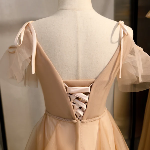 Mode Champagne Robe De Soirée 2020 Princesse Bretelles Spaghetti Sans Manches Dos Nu Volants en Cascade Longue Robe De Ceremonie