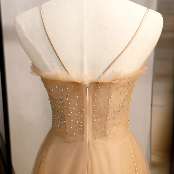 Chic / Beautiful Gold Evening Dresses 2020 A-Line / Princess Spaghetti Straps Beading Pearl Sequins Sleeveless Backless Floor-Length / Long Formal Dresses