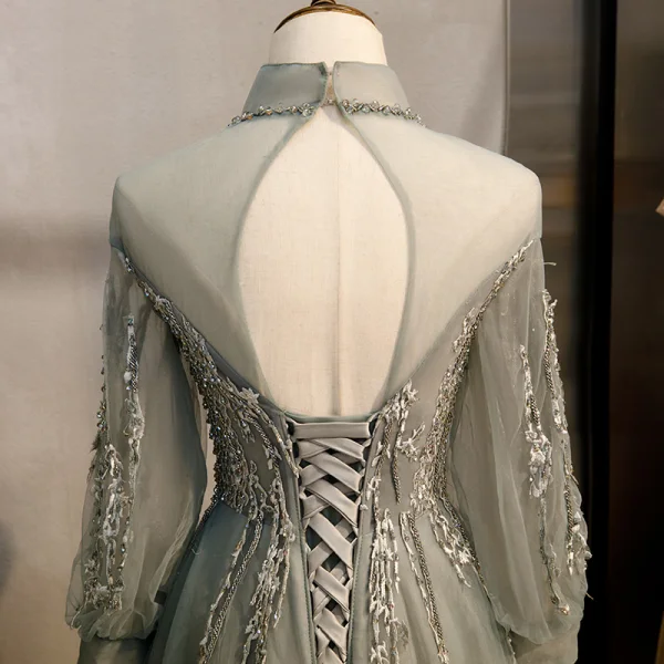 Vintage / Retro Grey Prom Dresses 2020 A-Line / Princess High Neck Beading Rhinestone Lace Flower Long Sleeve Backless Sweep Train Formal Dresses