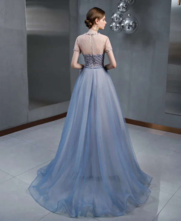 Chic / Belle Bleu Ciel Robe De Soirée 2020 Princesse Encolure Dégagée Perlage Appliques Paillettes Manches Courtes Longue Robe De Ceremonie