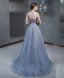 Chic / Belle Bleu Ciel Robe De Soirée 2020 Princesse Encolure Dégagée Perlage Appliques Paillettes Manches Courtes Longue Robe De Ceremonie