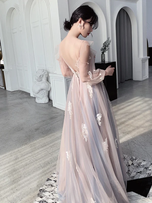 Fashion Blushing Pink Evening Dresses 2020 A-Line / Princess Scoop Neck Beading Lace Flower Long Sleeve Backless Floor-Length / Long Formal Dresses