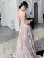 Fashion Blushing Pink Evening Dresses  2020 A-Line / Princess Scoop Neck Beading Lace Flower Long Sleeve Backless Floor-Length / Long Formal Dresses