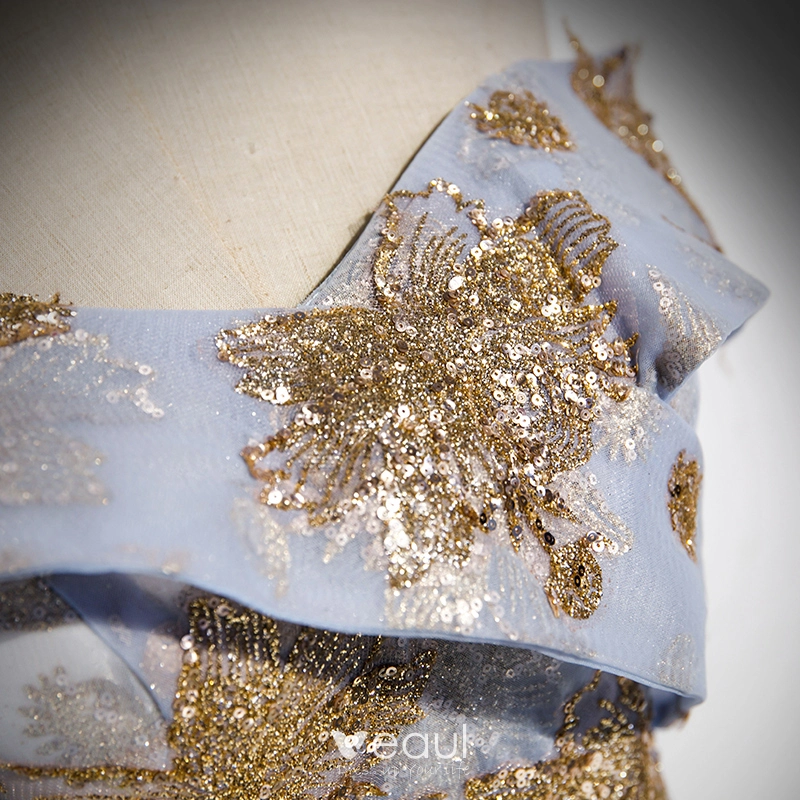 Glitter Sky Blue Two Pieces Sequins Round Neck Long Formal Dress