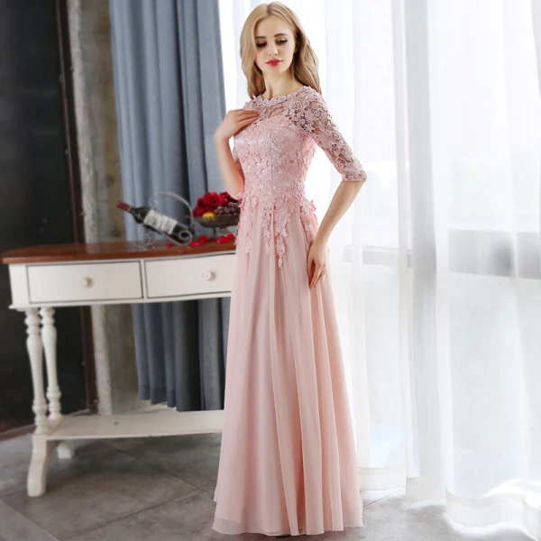Affordable Pearl Pink Evening Dresses 2018 A-Line / Princess Lace Appliques Crystal Scoop Neck 3/4 Sleeve Floor-Length / Long Formal Dresses