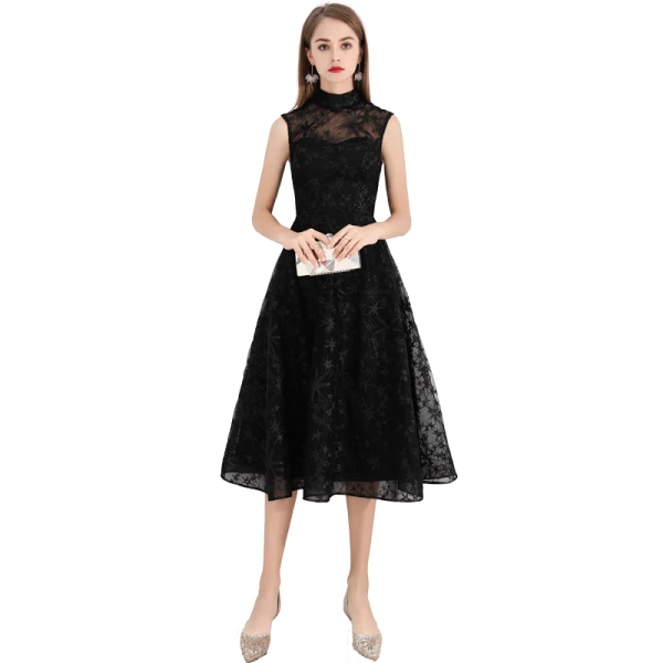 Modest / Simple Homecoming Little Black Dress 2020 A-Line / Princess High Neck Star Lace Sleeveless Knee-Length Graduation Dresses