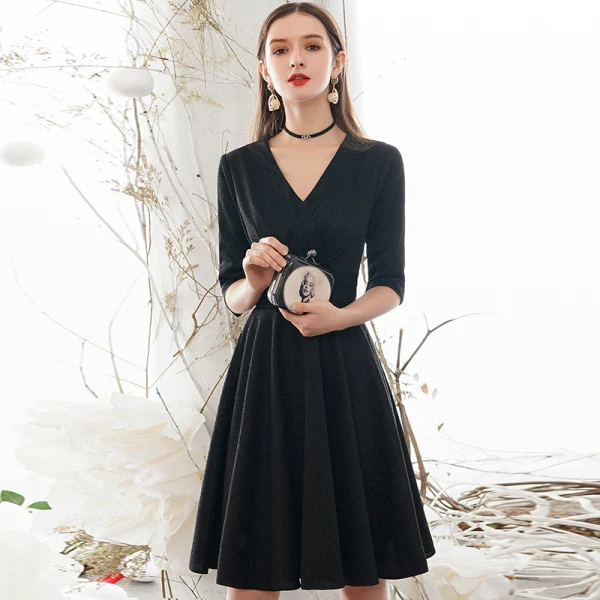 Vintage / Retro Modest / Simple Solid Color Black Homecoming Graduation Dresses 2020 A-Line / Princess V-Neck 1/2 Sleeves Knee-Length Formal Dresses