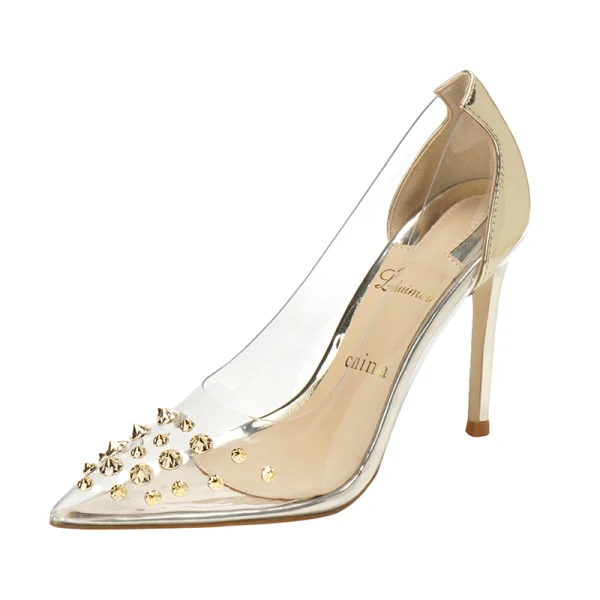 Sexy Transparent Silver Evening Party Rivet Pumps 2021 10 cm Stiletto Heels Pointed Toe Pumps High Heels