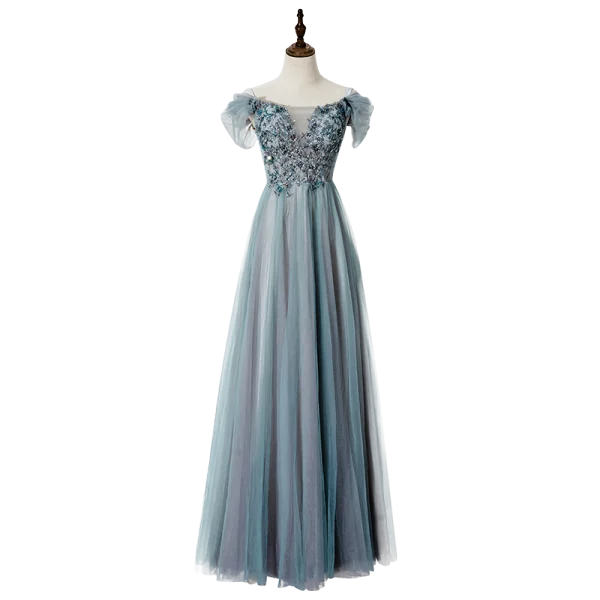 Chic / Beautiful Jade Green Evening Dresses 2020 A-Line / Princess Off-The-Shoulder Beading Sequins Lace Flower Short Sleeve Backless Floor-Length / Long Formal Dresses