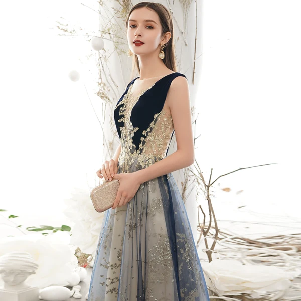 Elegant Navy Blue Prom Dresses 2020 A-Line / Princess Scoop Neck Glitter Sequins Lace Flower Sleeveless Backless Floor-Length / Long Formal Dresses