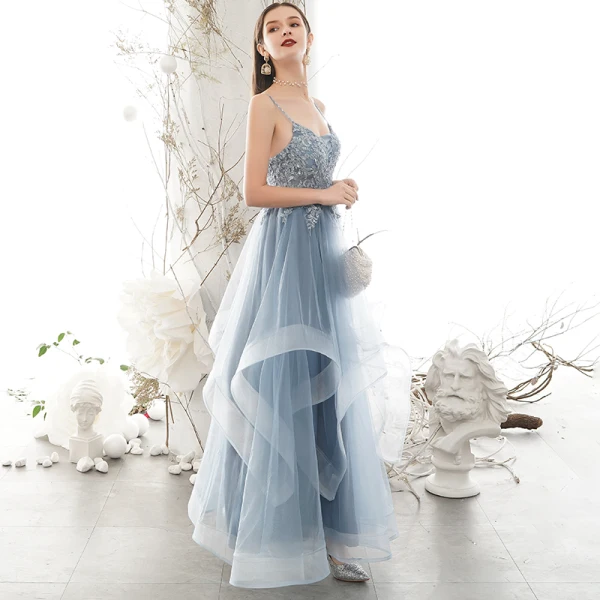 Chic / Beautiful Sky Blue Prom Dresses 2020 A-Line / Princess Spaghetti Straps Rhinestone Lace Flower Sleeveless Backless Cascading Ruffles Floor-Length / Long Formal Dresses