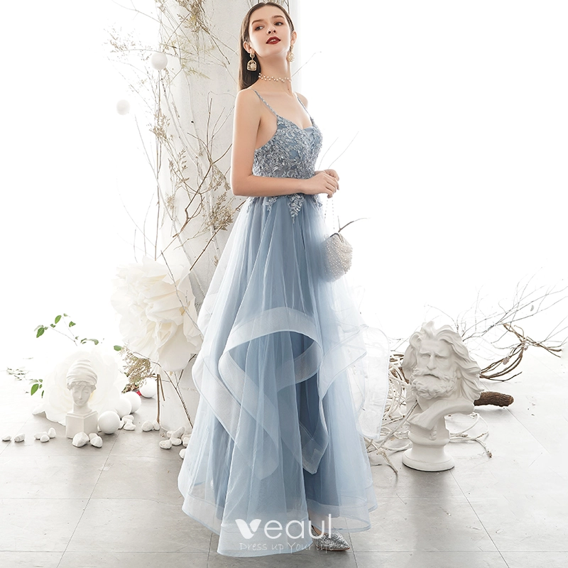 Sky Blue Tulle Long Prom Dresses, 2020 Spaghetti Straps Lace Prom Dresses Sky Blue Tulle Long Prom Dresses, 2020 Spaghetti Straps Lace Prom Dresses