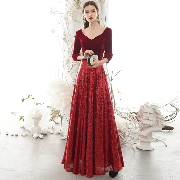 Sparkly Burgundy Winter Evening Dresses 2020 A-Line / Princess Suede V-Neck Sequins 3/4 Sleeve Backless Floor-Length / Long Formal Dresses