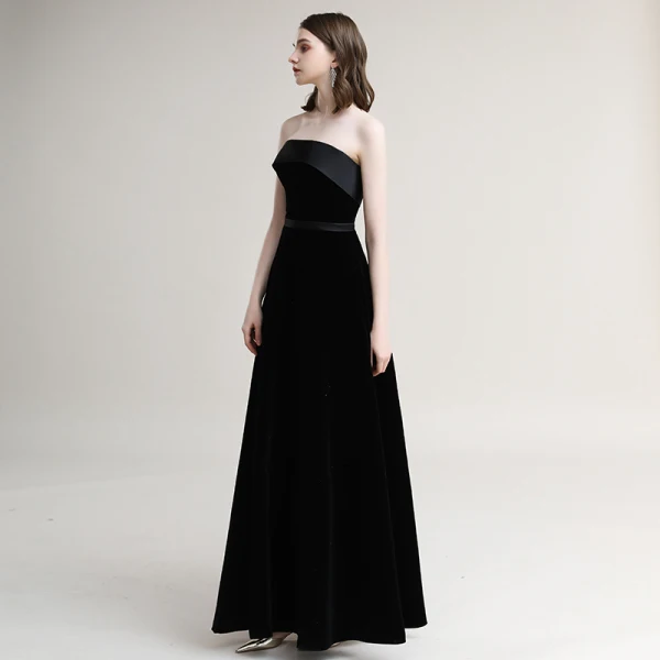 Modest / Simple Black Evening Dresses  2020 A-Line / Princess Suede Strapless Sleeveless Backless Floor-Length / Long Formal Dresses