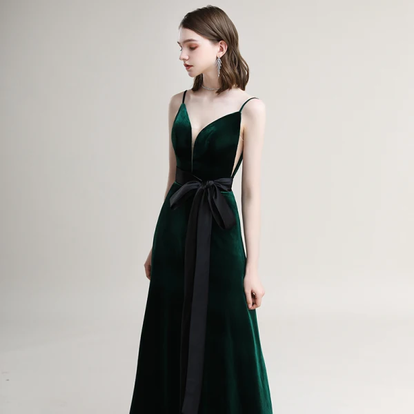 Elegant Dark Green Suede Evening Dresses  2020 A-Line / Princess Spaghetti Straps Bow Sleeveless Backless Floor-Length / Long Formal Dresses