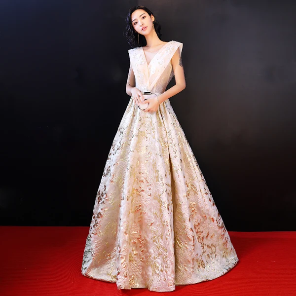 Luxe Champagne Robe De Soirée 2018 Princesse En Dentelle Appliques Perlage Perle Paillettes V-Cou Dos Nu Sans Manches Train De Balayage Robe De Ceremonie