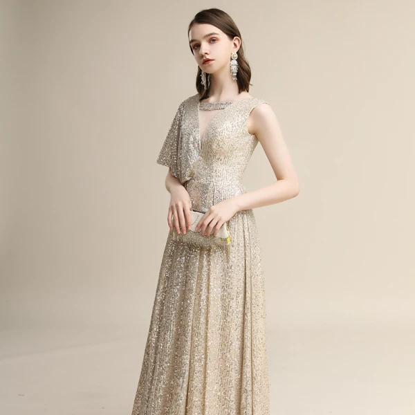 Scintillantes Champagne Paillettes Robe De Soirée 2020 Princesse V-Cou Manches Courtes Dos Nu Longue Robe De Ceremonie