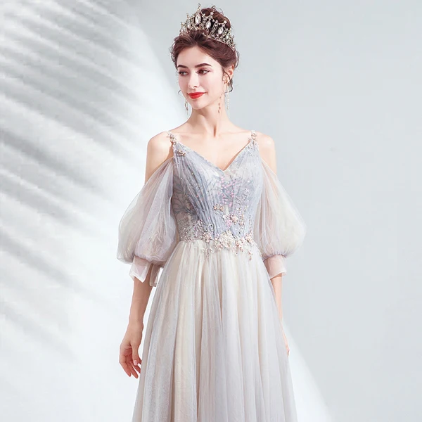 Charming Grey Prom Dresses 2020 A-Line / Princess V-Neck Beading Sequins Lace Flower Short Sleeve Backless Floor-Length / Long Formal Dresses