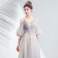 Charming Grey Prom Dresses 2020 A-Line / Princess V-Neck Beading Sequins Lace Flower Short Sleeve Backless Floor-Length / Long Formal Dresses
