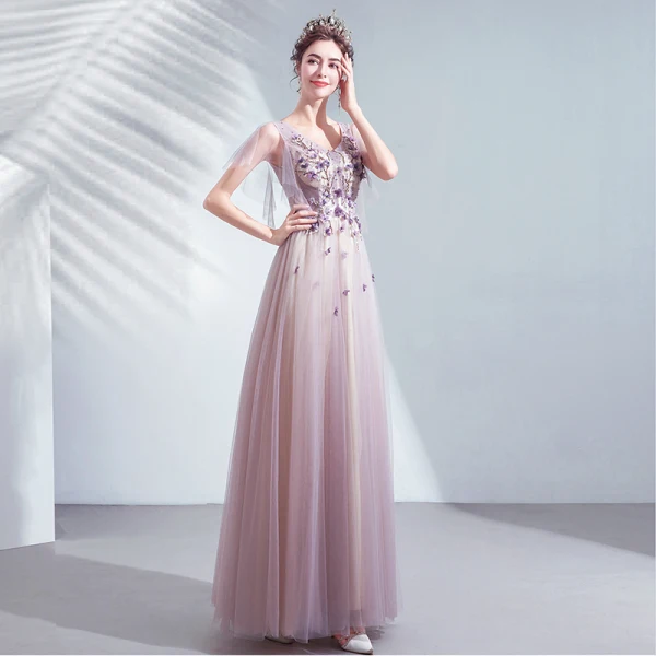 Chic / Belle Violet Robe De Bal 2020 Princesse V-Cou Appliques En Dentelle Fleur Perlage Cristal Manches Courtes Dos Nu Longue Robe De Ceremonie
