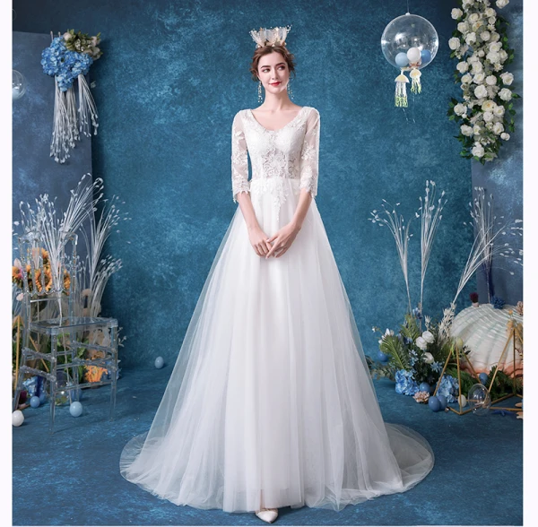 Affordable Ivory Wedding Dresses 2020 A-Line / Princess V-Neck Lace Flower 3/4 Sleeve Court Train