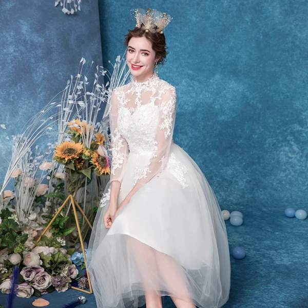 Erschwinglich Ivory / Creme Brautkleider / Hochzeitskleider 2020 A Linie Stehkragen Perle Spitze Blumen 3/4 Ärmel Wadenlang