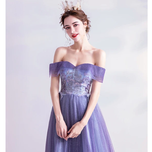 Charming Lavender Prom Dresses 2020 A-Line / Princess Glitter Tulle Off-The-Shoulder Pearl Rhinestone Lace Flower Short Sleeve Backless Floor-Length / Long Formal Dresses