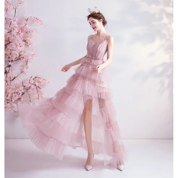 Chic / Belle Nues Robe De Soirée 2020 Princesse Bretelles Spaghetti Noeud Sans Manches Dos Nu Volants en Cascade Fendue devant Longue Robe De Ceremonie