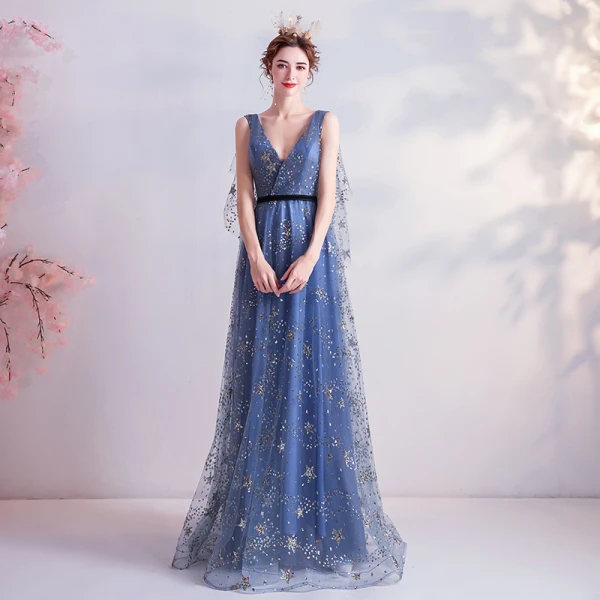 Fashion Ocean Blue Prom Dresses 2020 A-Line / Princess V-Neck Glitter Star Sequins Sleeveless Backless Floor-Length / Long Formal Dresses