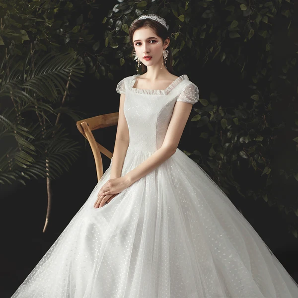 Simple Ivoire Tachetée Robe De Mariée 2020 Princesse Encolure Carrée Mancherons Dos Nu Longue
