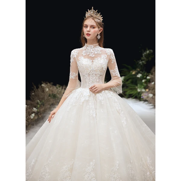 Classy Ivory Wedding Dresses 2020 Ball Gown High Neck Beading Sequins Lace Flower 3/4 Sleeve Backless Chapel Train