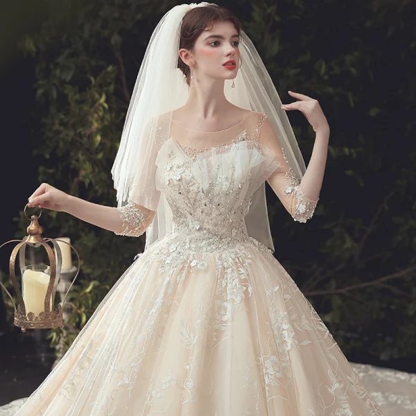 Luxury / Gorgeous Ivory Beading Wedding Dresses 2020 Ball Gown Scoop Neck Lace Flower Appliques Pearl Sequins 3/4 Sleeve Backless Cathedral Train
