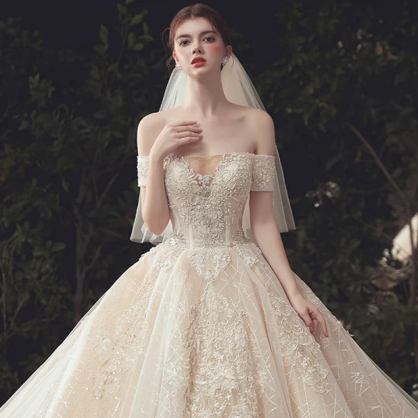 Luxury / Gorgeous Champagne Beading Wedding Dresses 2020 Ball Gown Off-The-Shoulder Sequins Lace Flower Short Sleeve Backless Royal Train