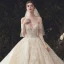 Luxury / Gorgeous Champagne Beading Wedding Dresses 2020 Ball Gown Off-The-Shoulder Sequins Lace Flower Short Sleeve Backless Royal Train