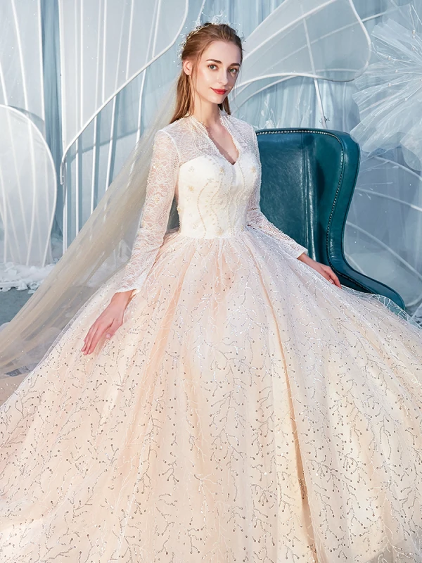 Charming Champagne Wedding Dresses 2020 Ball Gown V-Neck Sequins Lace Flower Long Sleeve Backless Cathedral Train