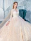 Charming Champagne Wedding Dresses 2020 Ball Gown V-Neck Sequins Lace Flower Long Sleeve Backless Cathedral Train