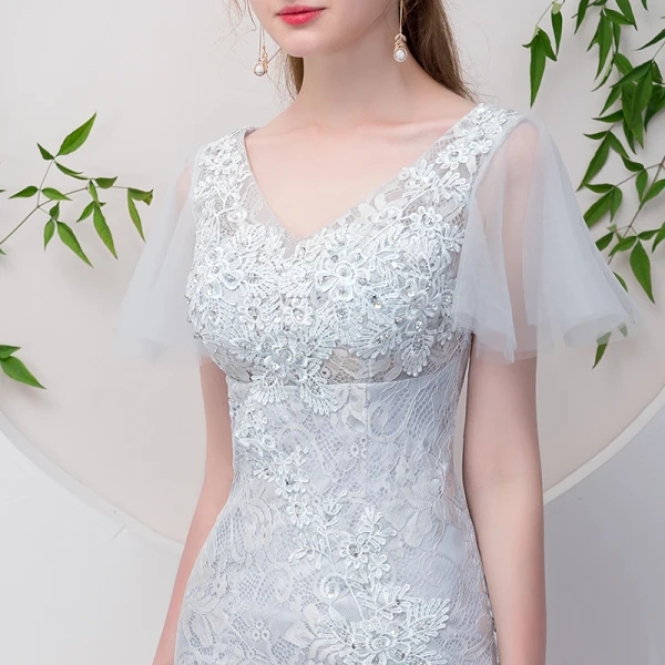 Chic / Beautiful Grey Evening Dresses 2018 Ball Gown Beading Lace Flower V-Neck Short Sleeve Floor-Length / Long Formal Dresses